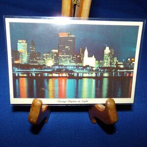 Vintage Full Color Photo Postcard - Skyline at Night - Chicago, Illinois